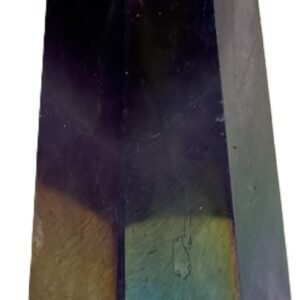 Standing rainbow amethyst aura polished crystal point 13 sians emporium Polished rainbow amethyst aura quartz generator point showing iridescent green violet and gold metallic sheen over natural chevron banding